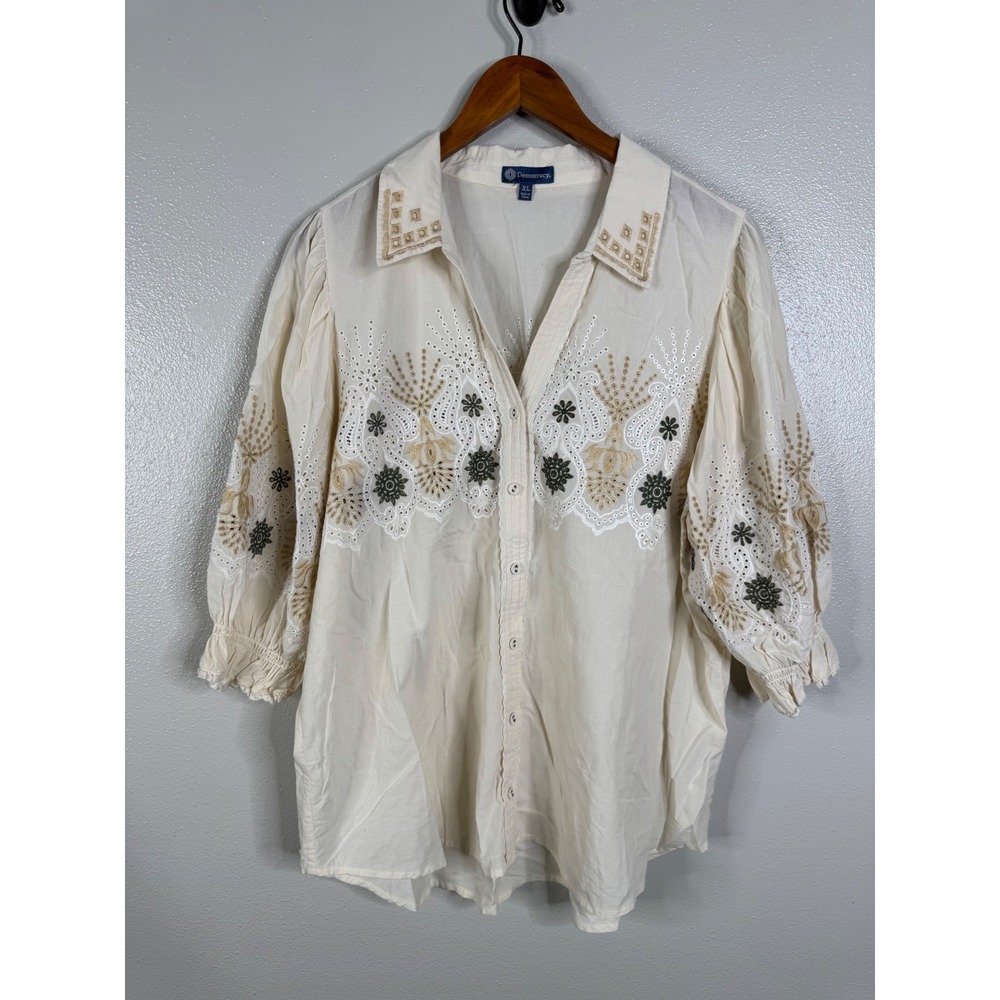 Democracy Womens XL Cream Eyelet Embroidered Boho Button Front Top B7020D3E - Picture 1 of 6